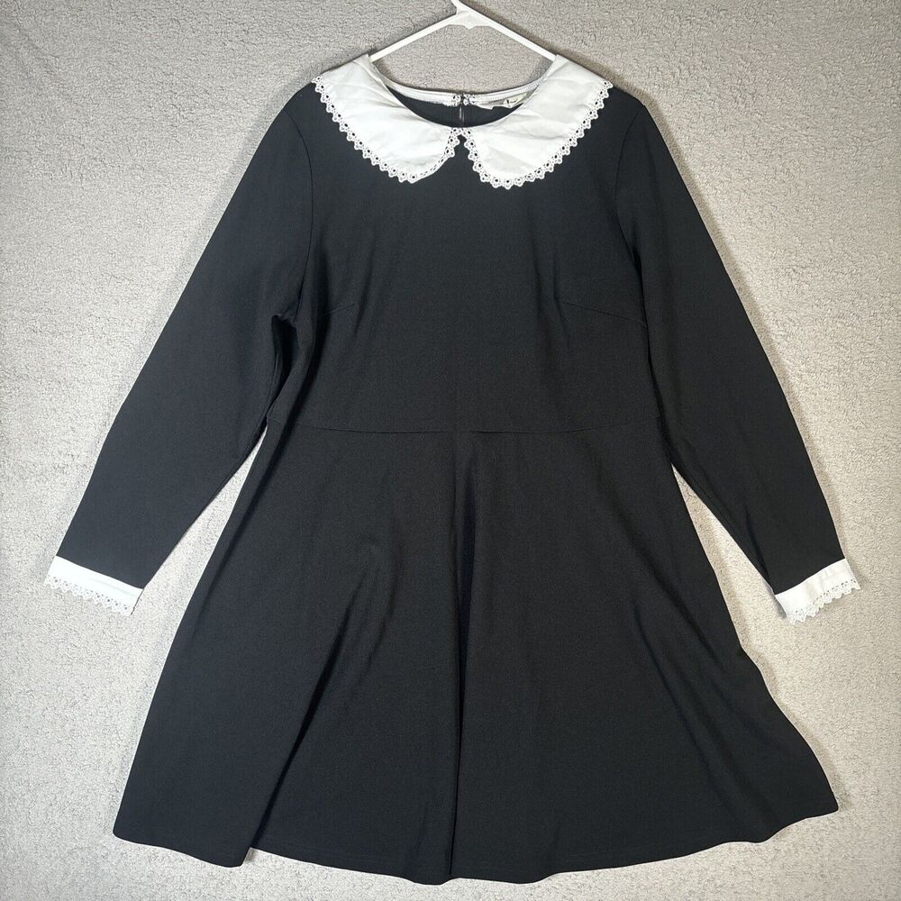 Agnes Orinda Plus Size 1X Black Maid Long Sleeve Dress Wednesday Style‎ Collar